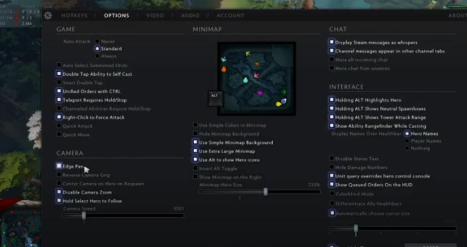 Dota 2: in the Edge Pan Speed settings menu