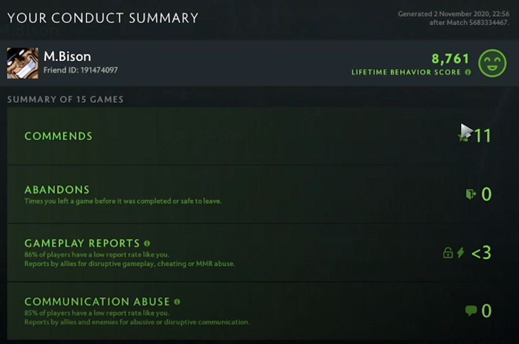 your conduct summary in Dota 2