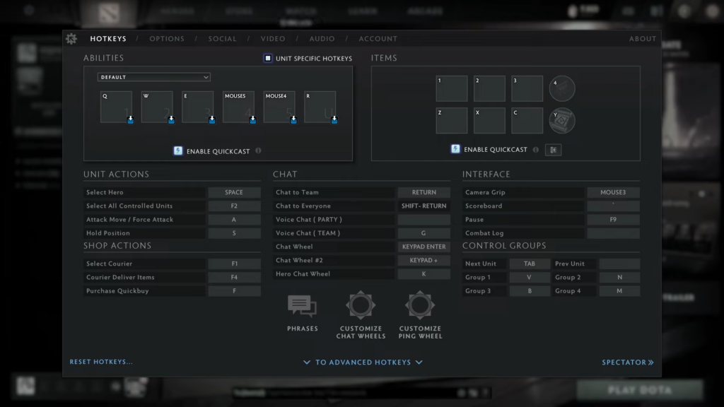 settings in Dota 2