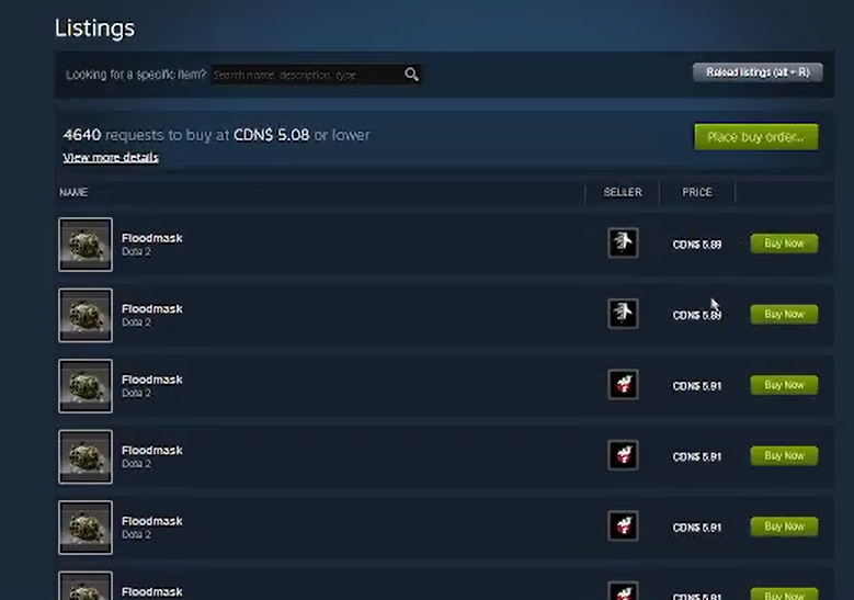 listings in dota 2