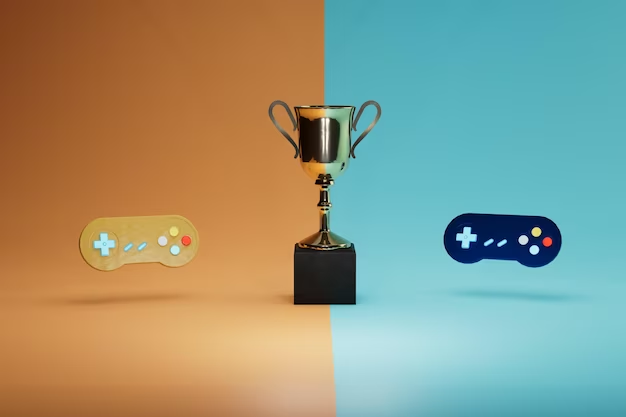 Two game controllers and a trophy