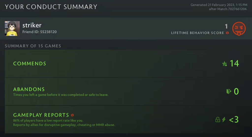 your conduct summary in Dota 2